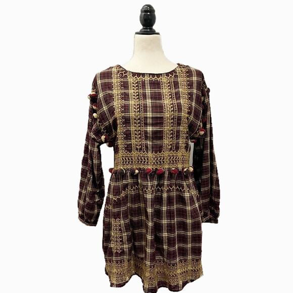 Zara Burgundy Plaid Embroidered Pom Pom Dress Size Small - Picture 5 of 14